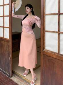 DAZY Conjunto de dos piezas con mangas largas y transparente para mujer - Naranja Coral - Ver 6