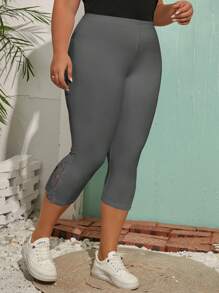 SHEIN Frenchy Plus Size Women's Casual Lace Patchwork White Leggings Summer Bottoms - Grey - View 4