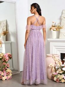 SHEIN Belle Vestido de cóctel sin mangas de encaje con borde de volantes y cuello redondo con diseño cruzado y panel transparente para mujeres (resistente) - Morado - Ver 2