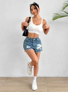 SHEIN PETITE Solid Crop Ribbed Knit Top - White - View 3