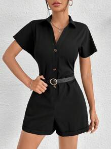 SHEIN PETITE Button Front Batwing Sleeve Romper Without Belt - Black - View 6