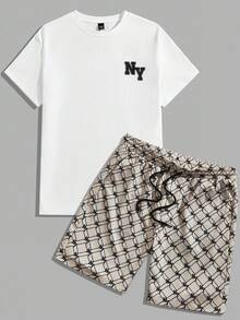 GENTILAND Men's 2pcs Knitted Letter Printed Crew Neck Short Sleeve T-Shirt & Casual Fit Shorts Set, Suitable For Daily Wear, Spring/Summer - Multicolor - View 7