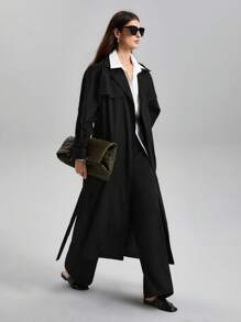Ontre Ladies' Solid Color Trench Coat With Lapel Collar And Belt - Black - View 1