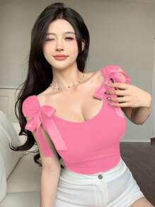 DAZY 女士蝴蝶结露背紧身短袖 T 恤夏季 - 玫紅色 - 查看 5