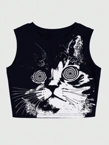 ROMWE Hippie Plus Size Thời trang mùa hè Mèo in hình Slim Fit Crop Top - màu đen - Xem 1