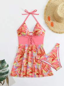SHEIN Slayr Women's Full Print Lace Up Neck Halter Bikini Set With Swim Dress And Triangle Bottoms, Summer Beachwear - Multicolor - View 3