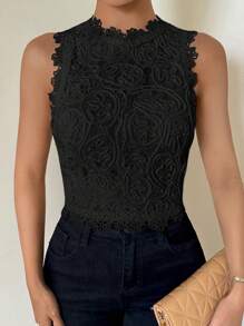 SHEIN Privé 女式蕾絲修身無袖圓領白色背心，優雅適用於度假、浪漫和婚禮季節 - 黑色 - 查看 5