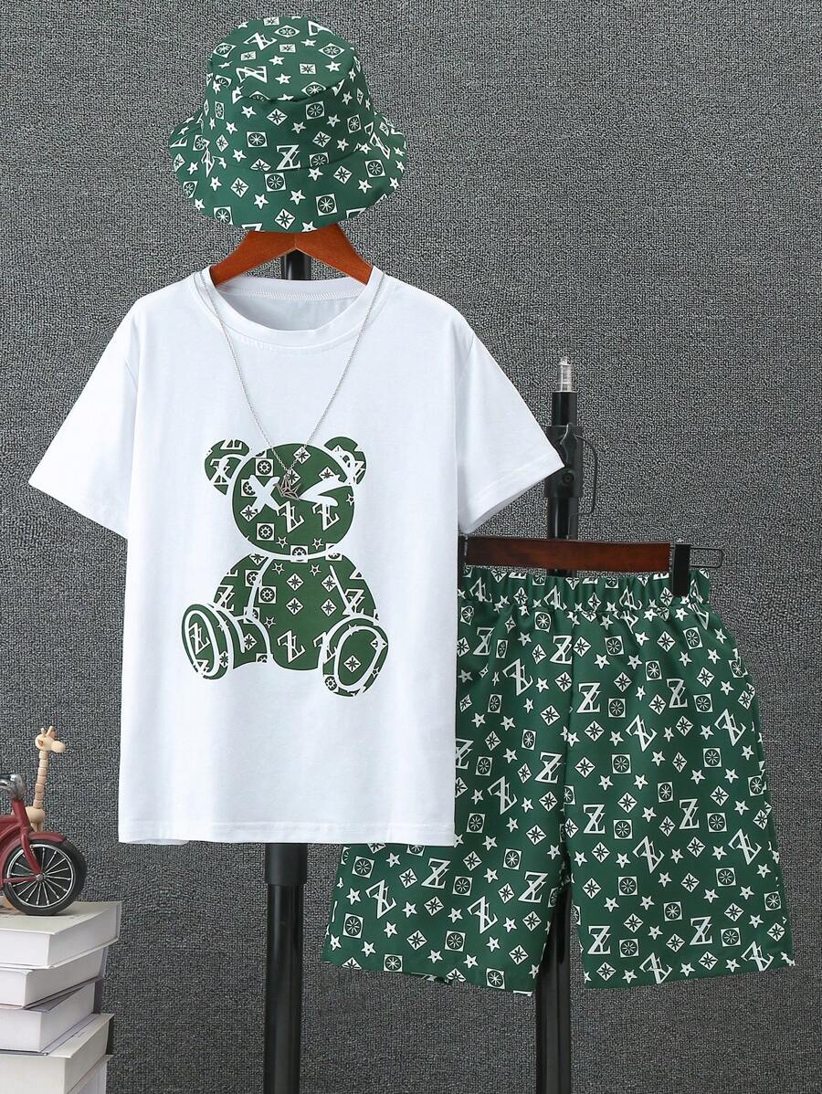 2pcs Toddler Boys' Bear Print Short Sleeve T-Shirt And Printed Shorts Set, Summer