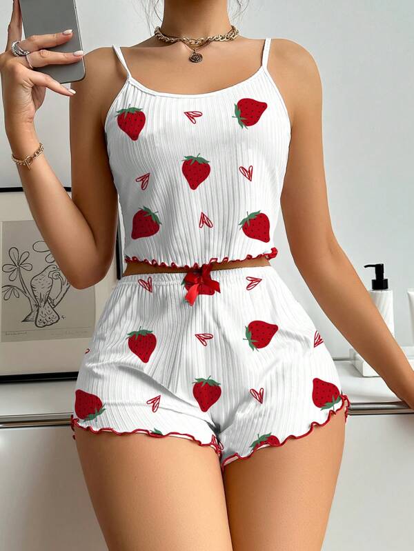 ZzzCrew Conjunto de pijama con camiseta de tirantes y pantalones cortos con estampado de fresas, conjunto blanco