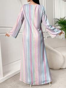 Yasmyna Women's Striped Notch V-Neck Long Sleeve Arabian Dress, Modest - Multicolor - View 6