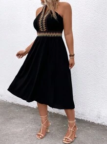 Celure Plus Size Kỳ nghỉ dành cho nữ Dây cổ sọc dệt Thắt lưng xẻ tà viền váy - màu đen - Xem 5
