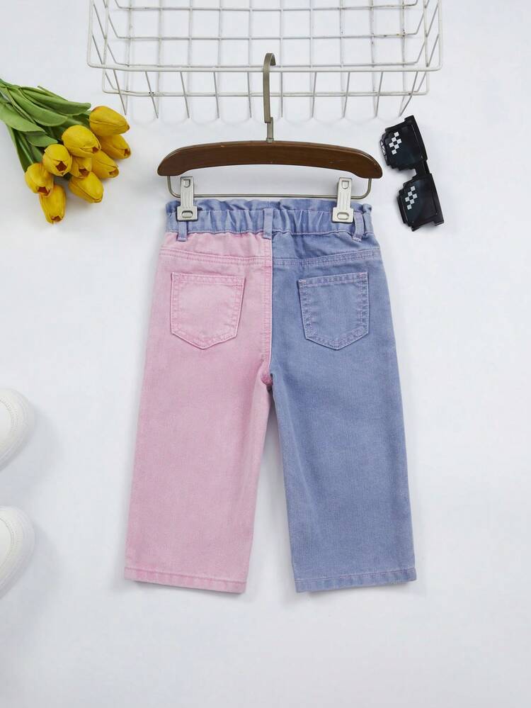 BABY GIRL Casual Cute Bud Waist Color Block Flat Pocket Straight Jeans