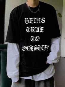 DAZY 男士夏季休閒合身字母印花圓領休閒T恤 - 黑色 - 查看 4