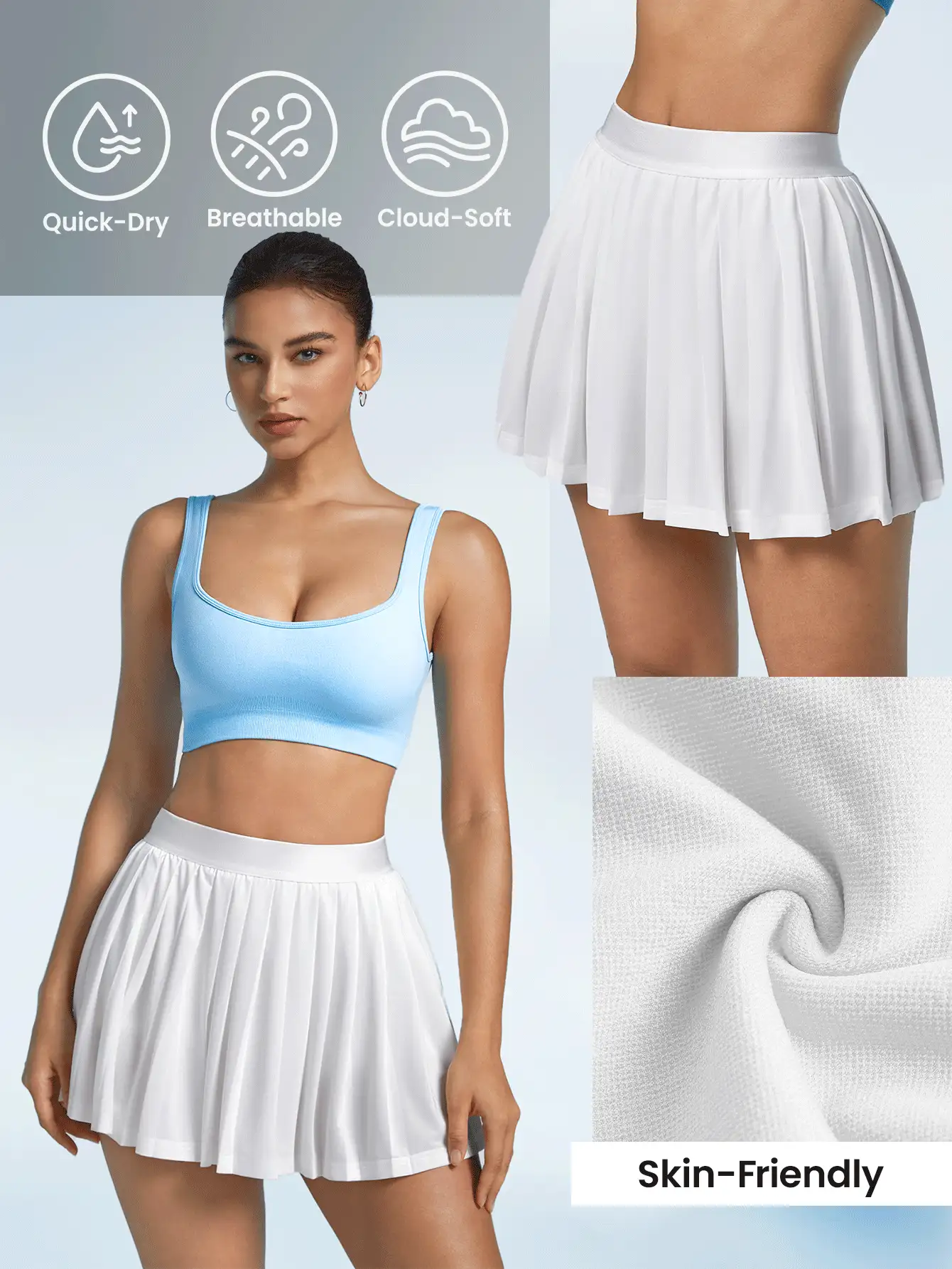 CourtClass 白色高光彈性腰部褶皺裙，夏季女性網球裝 - 白色 - 查看 3