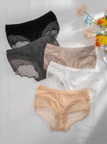5pcs Patchwork Heart-Shaped Jacquard Mesh Hipster Panties