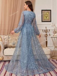 Abito da sera lungo con scollo a V, maniche lunghe, pesantemente decorato con paillettes, abito elegante da cerimonia da donna per balli, feste, laurea, cene