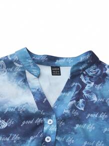 SHEIN LUNE Women's Fashionable Summer Printed Notched V Neck Short Sleeve Blouse - Blue - View 4