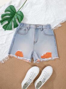 Tween Girl Fashionable Casual Distressed Denim Shorts Set - Medium Wash - View 4