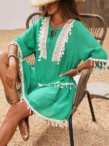 Breezaya 女款領結對比流蘇休閒夏季沙灘連衣裙 - 綠色 - 查看 4