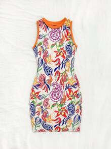 Soleia WYWH藝術塗鴉和印花橙色色塊針織背心迷你連衣裙，適用於度假