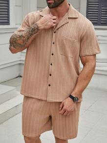 Manfinity Homme Men Plus Size Solid Color Casual Daily Spring Summer Short Sleeve Shirt And Shorts Set - Khaki - View 4