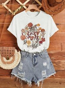 少女休閒復古花卉短袖T卹，圓領設計，適合夏天穿著 - 白色 - 查看 1