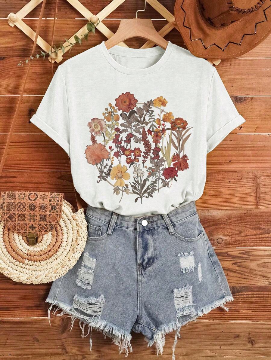 少女休閒復古花卉短袖T卹，圓領設計，適合夏天穿著 - 白色 - 查看 1
