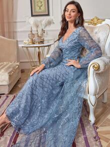 Abito da sera lungo con scollo a V, maniche lunghe, pesantemente decorato con paillettes, abito elegante da cerimonia da donna per balli, feste, laurea, cene