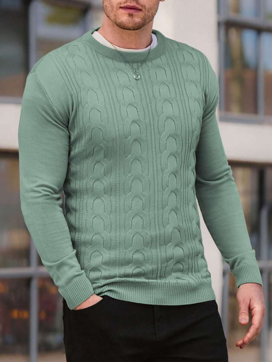 EURMUSE Men's Classic Cable Knit Texture Fitted Sweater With Solid Color & Round Neck - Green - View 1