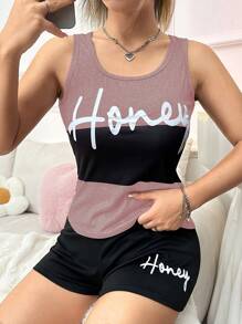 Slogan Printed Color-Block Vest & Shorts Pajama Set