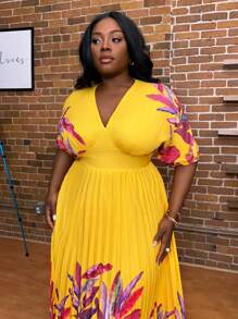 Maweii 大尺碼V領褶皺植物印花夏日假日連衣裙