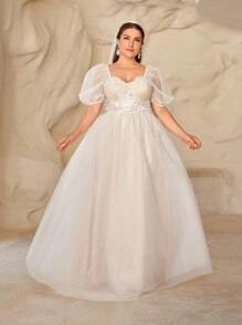 Váy công chúa màu trắng cỡ lớn có cổ vuông xuyên thấu, tay áo bong bóng, phong cách cung đình, đính cườm thủ công, hoa 3D, váy cưới thanh lịch, sang trọng, duyên dáng & đơn giản - trắng - Xem 2