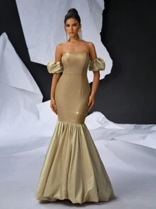 SHEIN Belle Women's Gorgeous Off-Shoulder Puff Sleeve Dress With Metallic Fabric & Satin Material Splicing, Mermaid Style Evening Gown - Gold - View 3