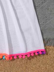 Tween Girl Crochet Contrast Mesh Kimono Cover Up With Pom Pom Hem And Drawstring Waist Summer Holiday