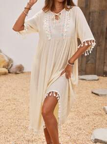 Breezaya Đầm dài đi biển mùa hè có cổ thêu tua rua dành cho nữ - Màu be - Xem 1