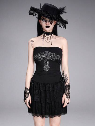 Goth Top sin tirantes gótico para mujer con cruz de diamantes de imitación y vestido con volantes de encaje en el dobladillo, para el verano