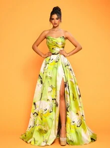 露肩 A 字形及地长绸缎印花高开叉晚礼服 - 芥末黃 - 查看 2