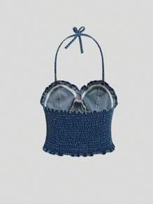 SHEIN Teen Girl Casual Fashionable Denim Top With Lotus Lace Trimmed Straps