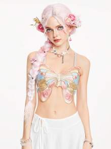 ROMWE Fairycore Women's Summer Butterfly Shaped Slim Fit Cropped Cami Top - Multicolor - View 4