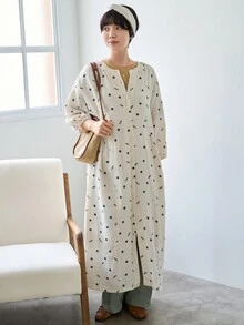 Đầm dài tay in hoa thời trang cho nữ - Màu be - Xem 2