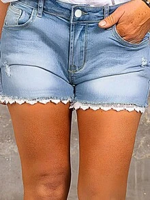 Casual Summer Lace Trim Distressed Denim Shorts - Blue - View 4