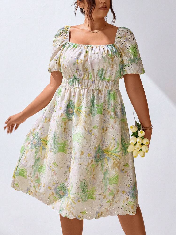 Plus Size Women's Summer Floral Print Square Neckline Puff Sleeve A-Line Dress With Shoulder Inserts
