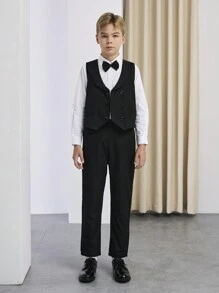 SHEIN 3pcs Black Bowtie, Lapel Waistcoat And Pants Gentleman Suit Set, Suitable For Birthday Party, Banquet, Wedding