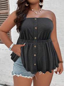 SHEIN CURVE+ Top sin tirantes diario de estilo simple y unicolor para mujer de talla grande - Gris - Ver 5