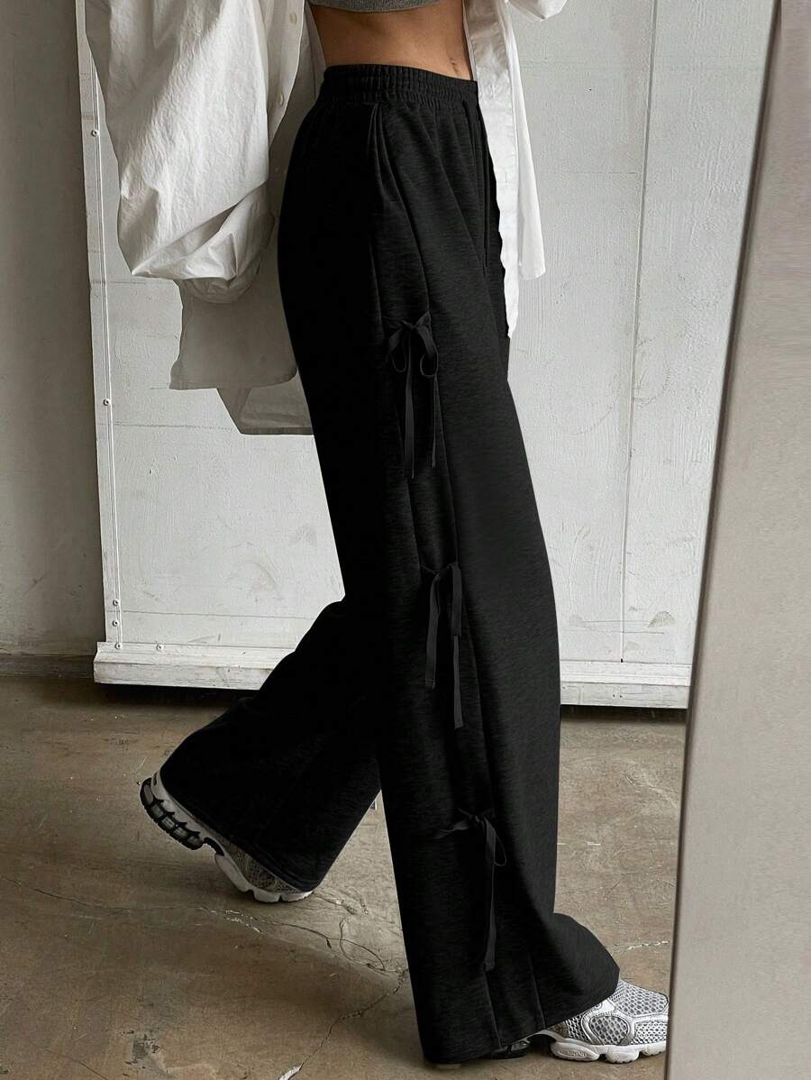 DAZY Women's Loose Casual Solid Color Drawstring Waist Jogger Pants With Bow Decor - Black - View 1