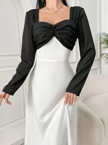Modelyn Abito estivo da donna elegante a tubino con davanti con torsione e colori a contrasto, maniche lunghe
