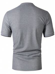 Manfinity Homme Men Summer Casual Contrast Edge Stand Collar Quarter Button Work Short Sleeve Polo Shirt, For Husband & Daddy - Grey - View 2