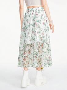 ROMWE Fairycore Lace Flower Printed Big A-Line Mid-Length Women's Skirt - White - View 2
