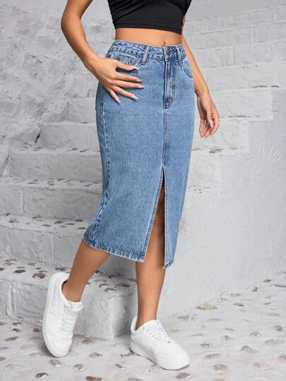 SHEIN PETITE Summer Casual Front Split Denim Skirt