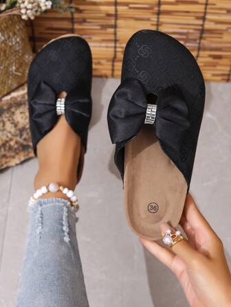 秋冬条纹头带平底拖鞋凉鞋，圆头流苏扣闭合，女士情人节款，穆勒鞋